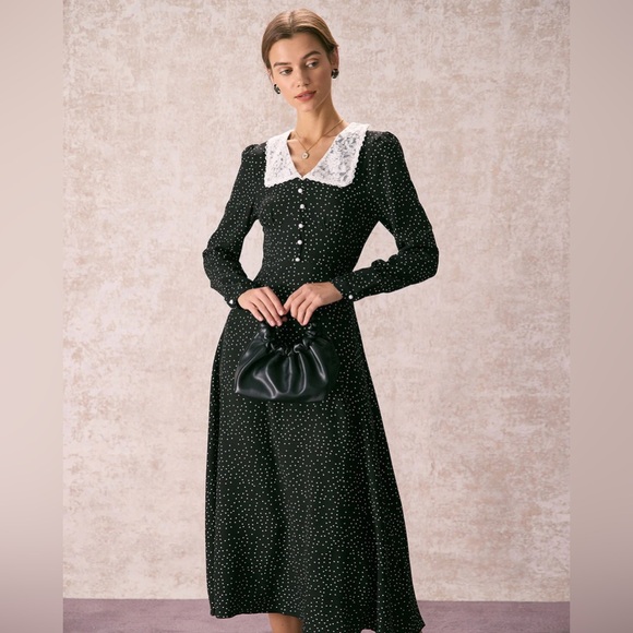 NWT RIHOAS The Black Lace Collar Polka Dot Maxi Dress Sz XS - Picture 1 of 9